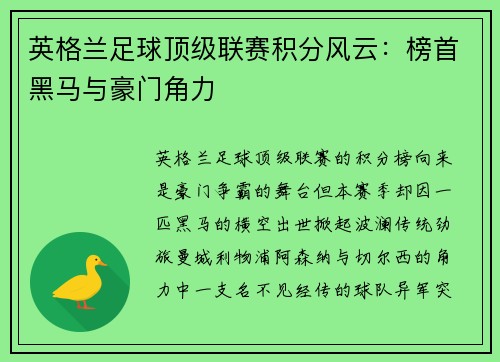 英格兰足球顶级联赛积分风云：榜首黑马与豪门角力
