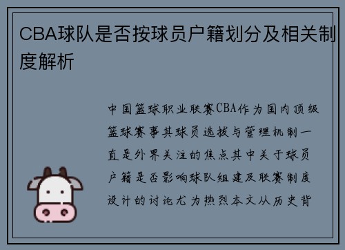 CBA球队是否按球员户籍划分及相关制度解析